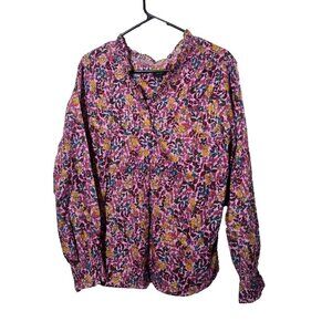 Talbots Peasant Blouse Sz XL Metallic Button Up Boho Floral Bloomcore Breathable